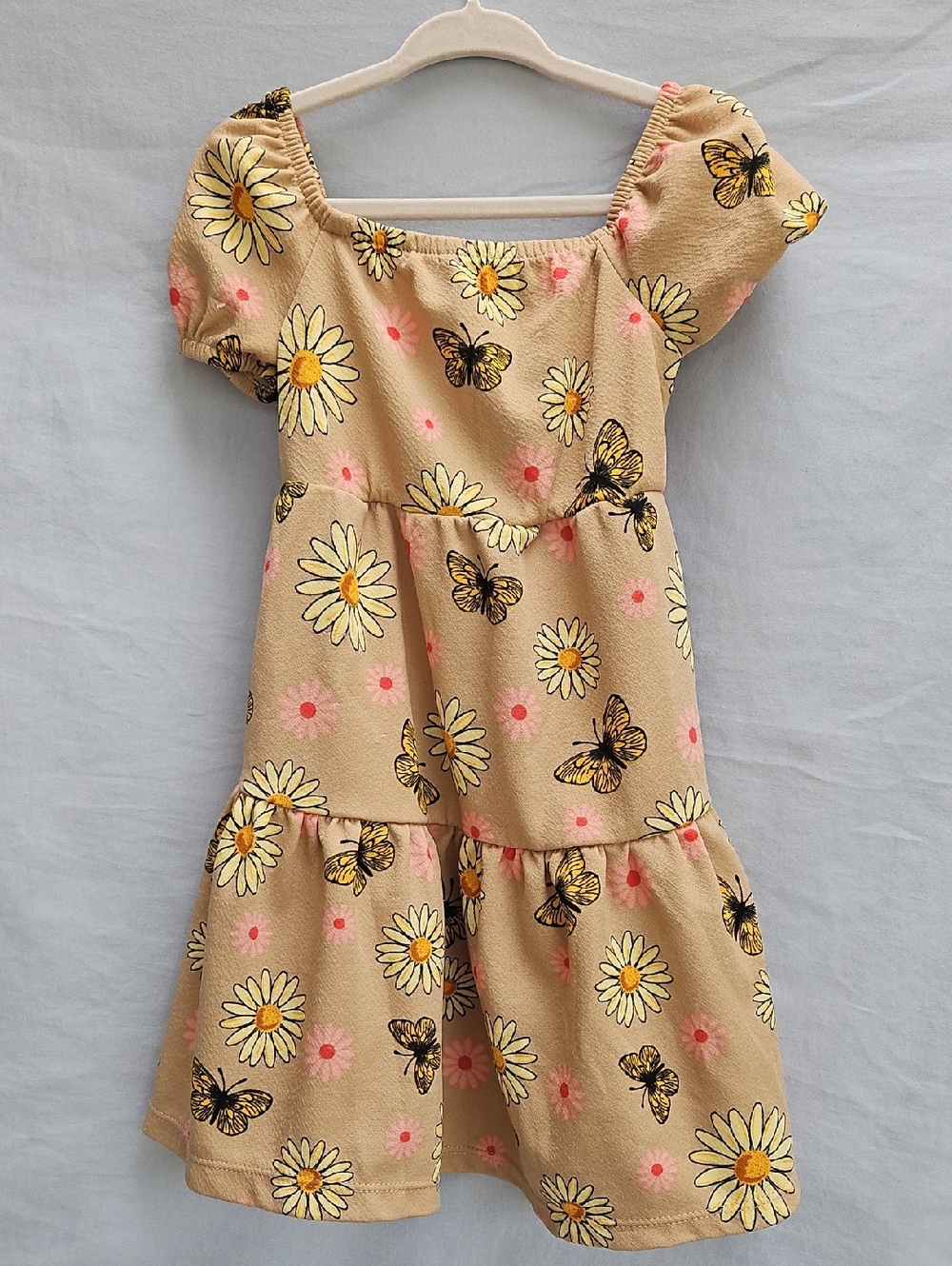 Girls Beige Daisy & Butterfly Tiered Summer Dress Size 4